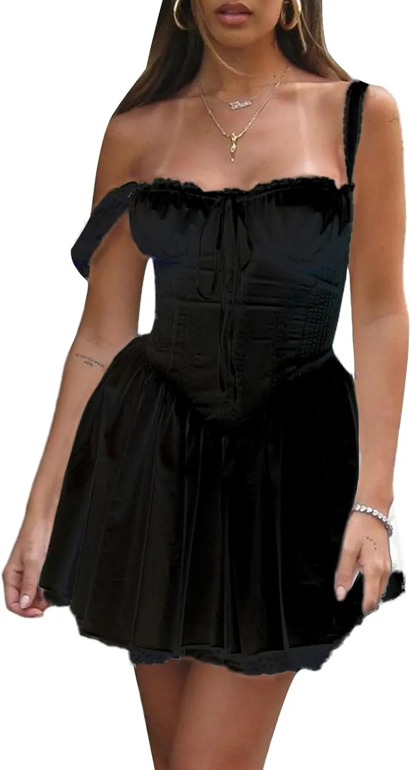 Women's Lace Trim Mini Dress Spaghetti Strap Square Neck Backless Ruched A Line Swing Dress Flowy Sexy Party Dress