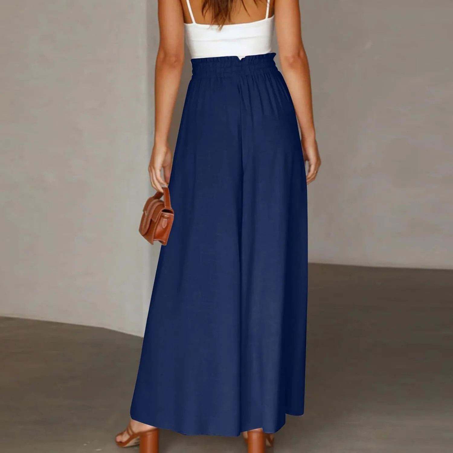 Womens Palazzo Pants Elastic Waist High Waisted Culottes Pants Loose Fit Elegant Flowy Vacation Pants with Pockets