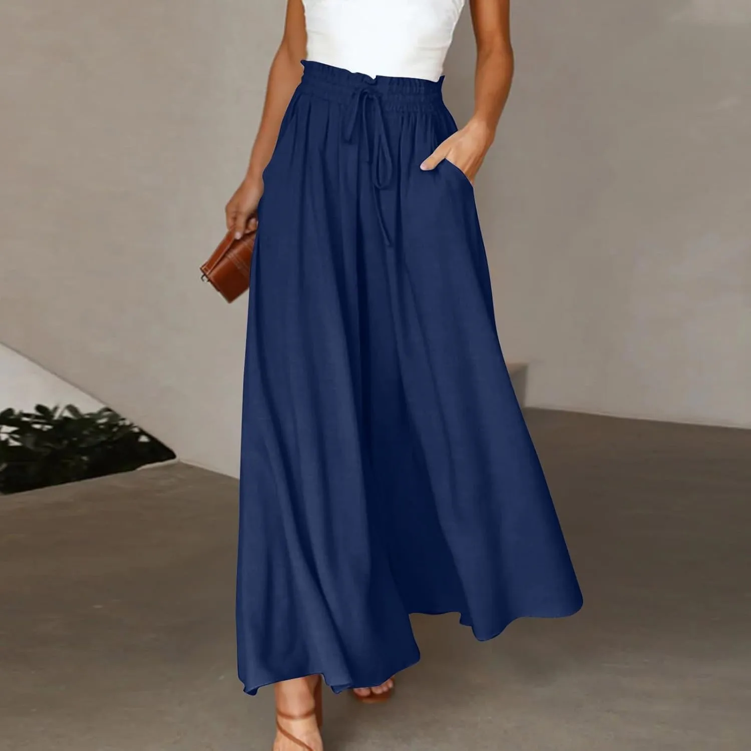 Womens Palazzo Pants Elastic Waist High Waisted Culottes Pants Loose Fit Elegant Flowy Vacation Pants with Pockets