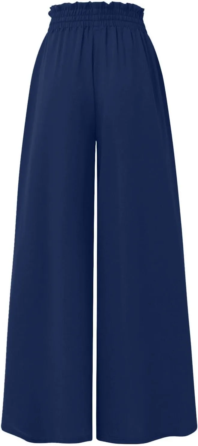 Womens Palazzo Pants Elastic Waist High Waisted Culottes Pants Loose Fit Elegant Flowy Vacation Pants with Pockets