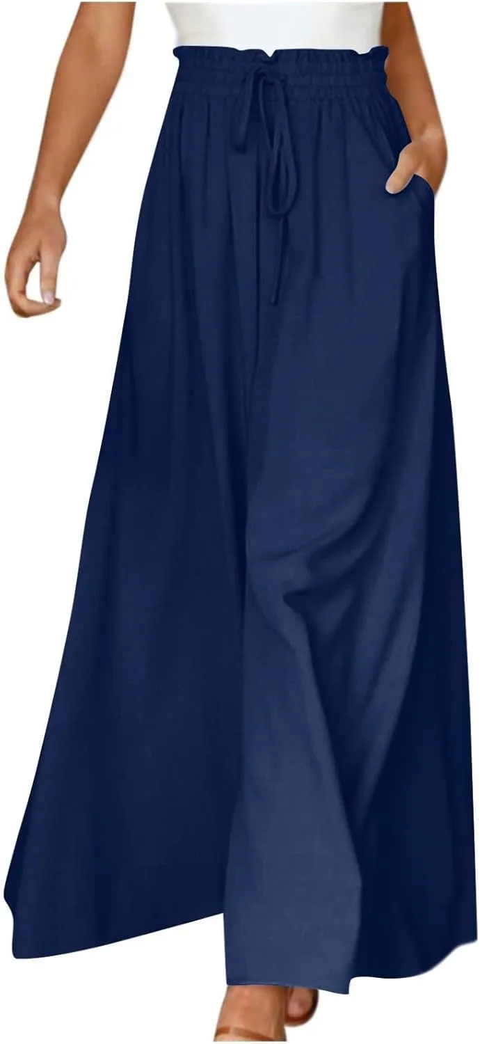 Womens Palazzo Pants Elastic Waist High Waisted Culottes Pants Loose Fit Elegant Flowy Vacation Pants with Pockets