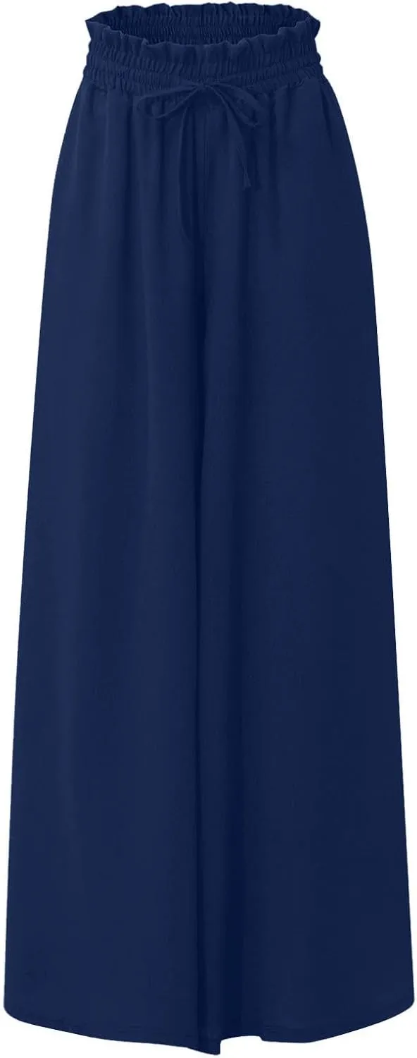 Womens Palazzo Pants Elastic Waist High Waisted Culottes Pants Loose Fit Elegant Flowy Vacation Pants with Pockets