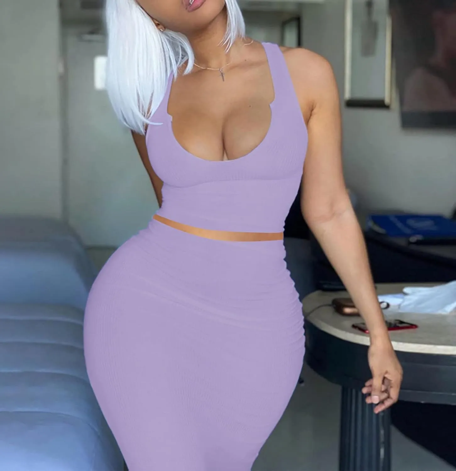 Womens Sexy Summer Scoop Neck Ribbed 2 Piece Outfits Dress Crop Tank Top Maxi Long Skirt Set Beach Party Dress