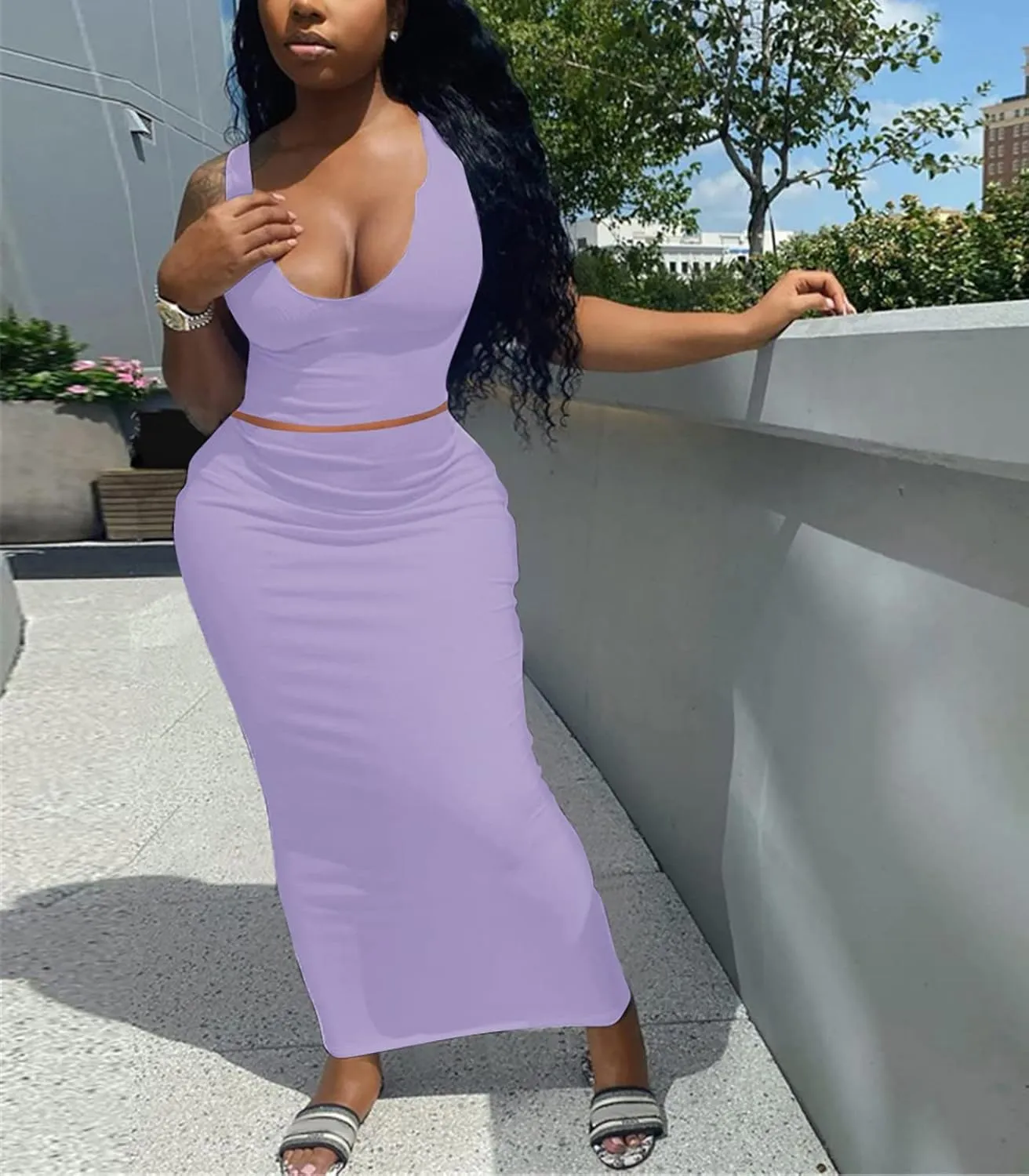 Womens Sexy Summer Scoop Neck Ribbed 2 Piece Outfits Dress Crop Tank Top Maxi Long Skirt Set Beach Party Dress