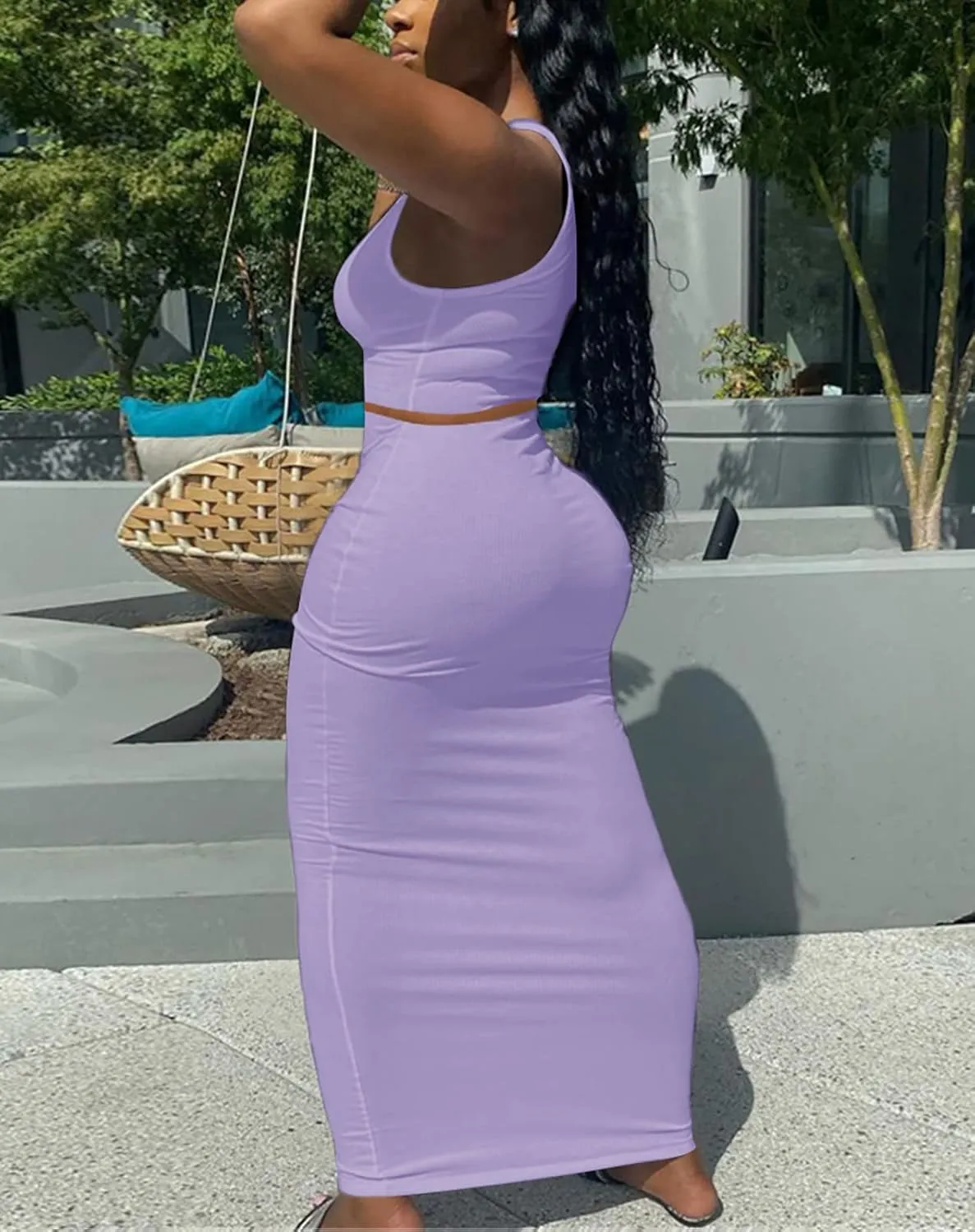 Womens Sexy Summer Scoop Neck Ribbed 2 Piece Outfits Dress Crop Tank Top Maxi Long Skirt Set Beach Party Dress