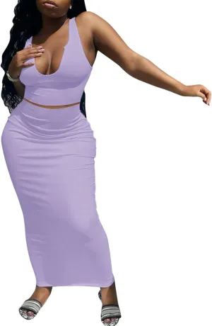 Womens Sexy Summer Scoop Neck Ribbed 2 Piece Outfits Dress Crop Tank Top Maxi Long Skirt Set Beach Party Dress