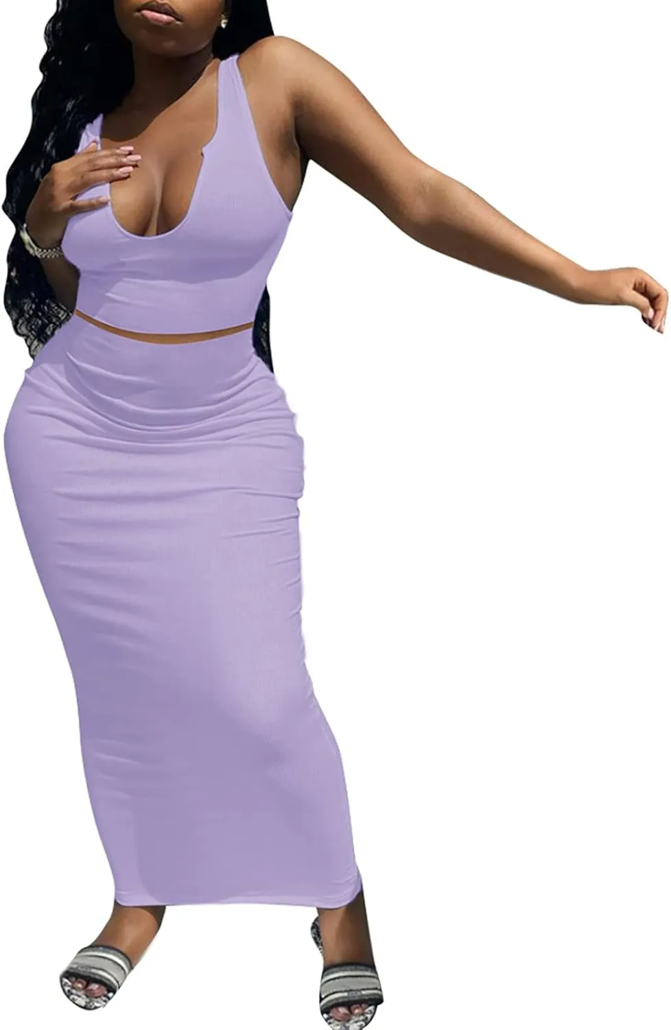 Womens Sexy Summer Scoop Neck Ribbed 2 Piece Outfits Dress Crop Tank Top Maxi Long Skirt Set Beach Party Dress