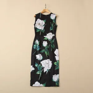 Women's Silkworm Silk Rose Print Sleeveless Slim Dress