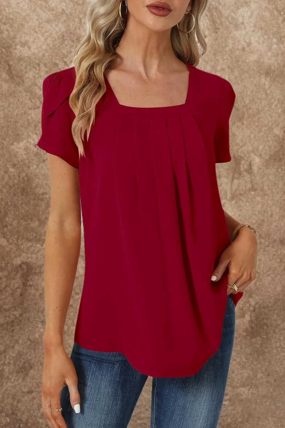 Womens Summer Tunic Tops Pleated Square Neck T Shirts Casual Petal Short Sleeve Blouses