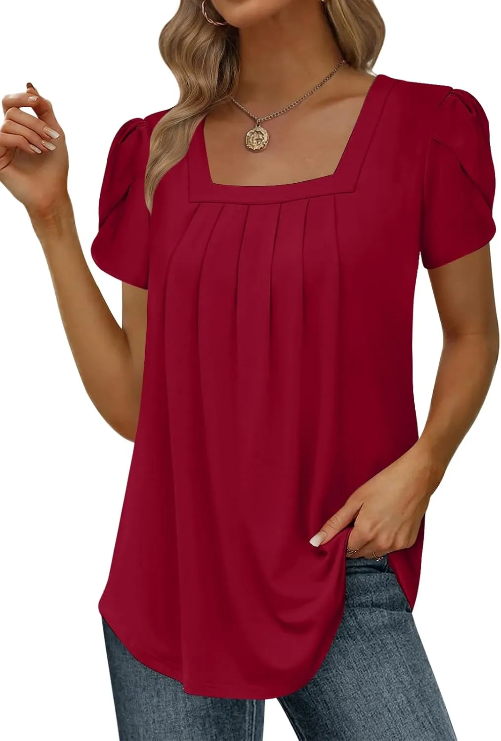 Womens Summer Tunic Tops Pleated Square Neck T Shirts Casual Petal Short Sleeve Blouses