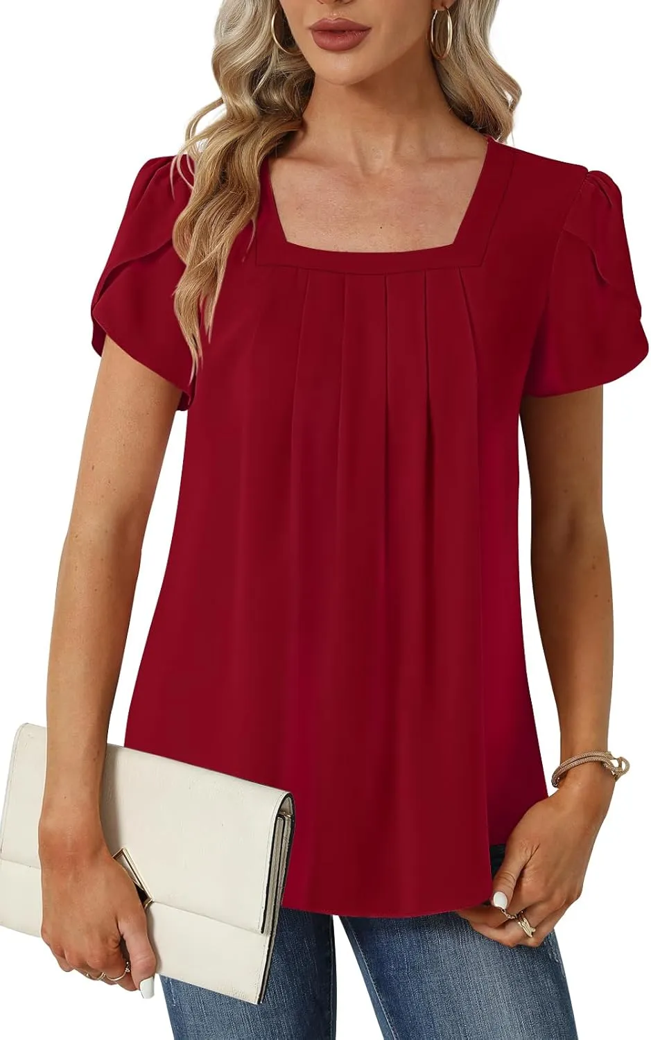 Womens Summer Tunic Tops Pleated Square Neck T Shirts Casual Petal Short Sleeve Blouses