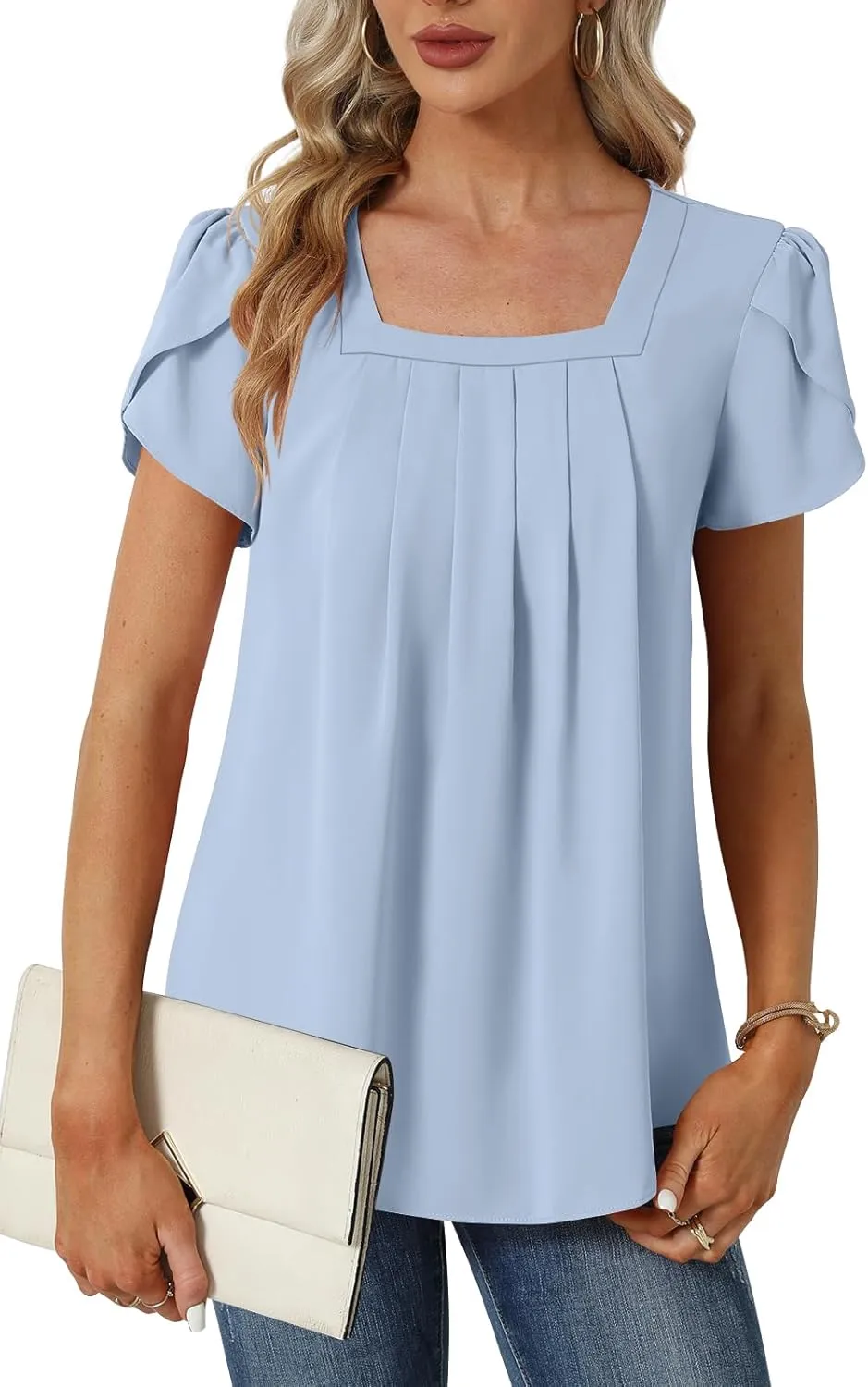 Womens Summer Tunic Tops Pleated Square Neck T Shirts Casual Petal Short Sleeve Blouses