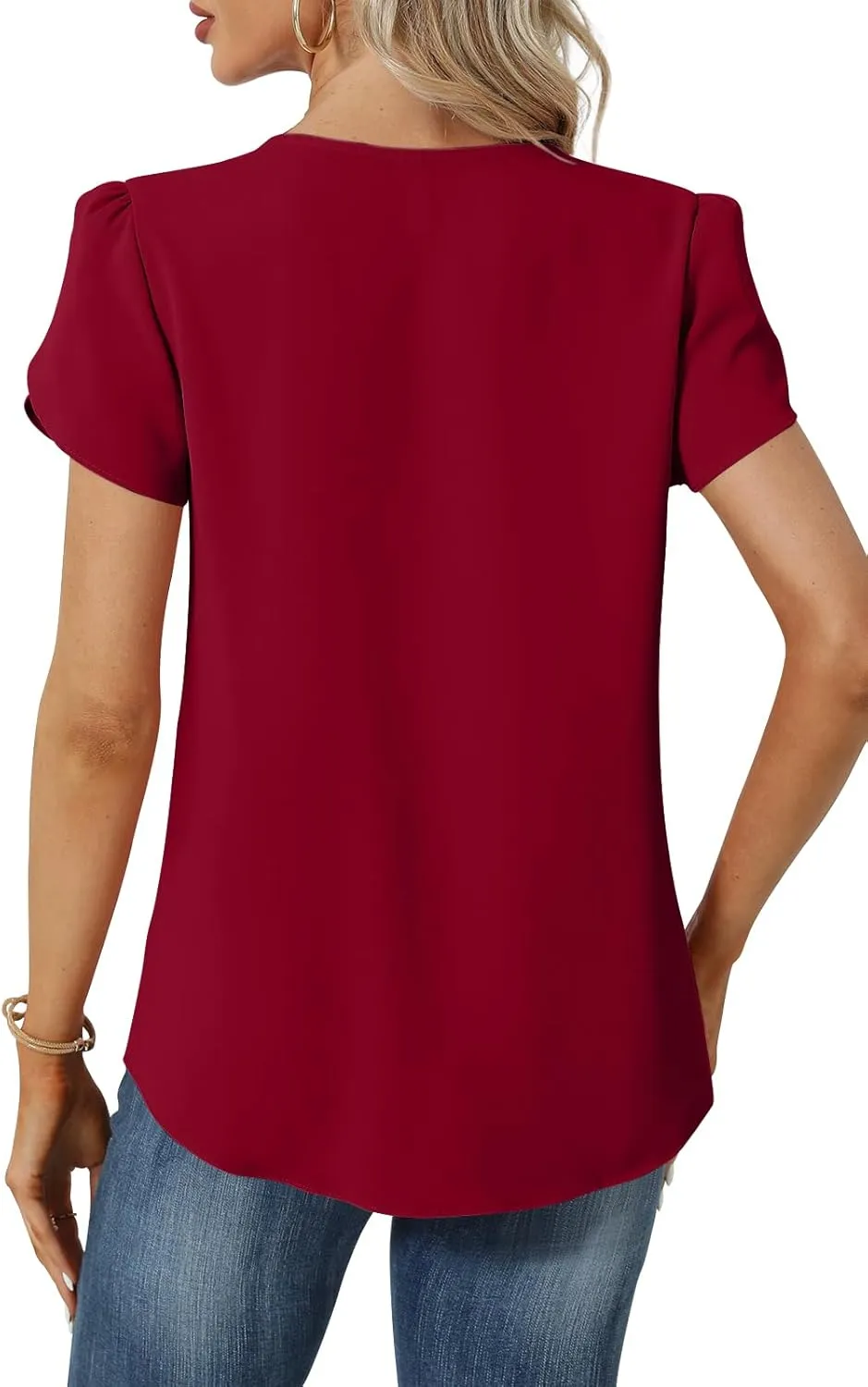 Womens Summer Tunic Tops Pleated Square Neck T Shirts Casual Petal Short Sleeve Blouses
