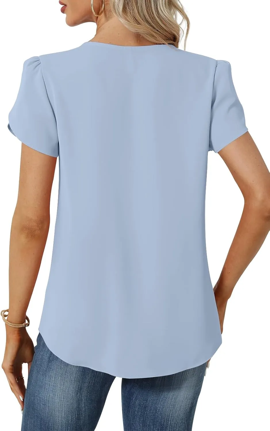 Womens Summer Tunic Tops Pleated Square Neck T Shirts Casual Petal Short Sleeve Blouses