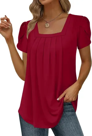 Womens Summer Tunic Tops Pleated Square Neck T Shirts Casual Petal Short Sleeve Blouses