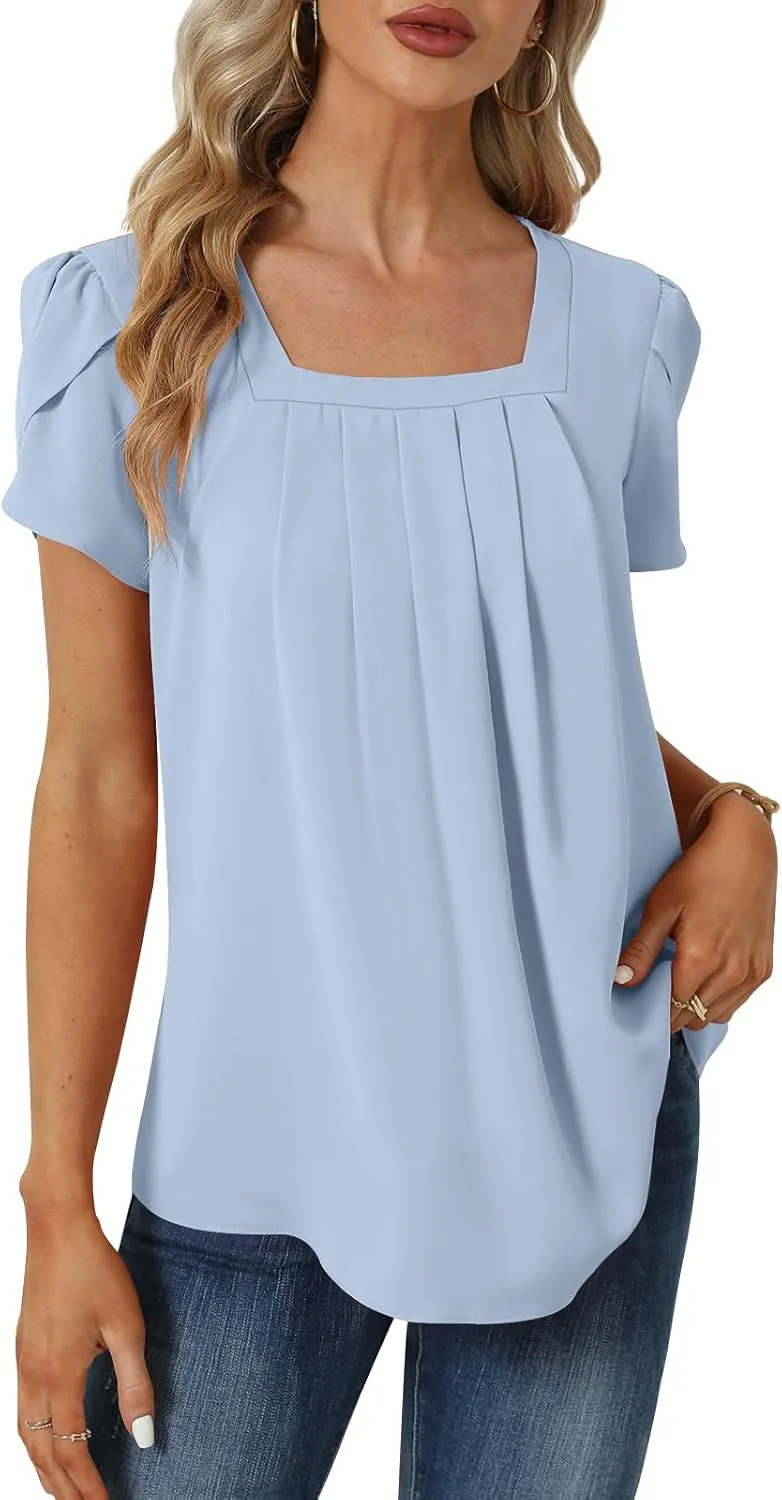 Womens Summer Tunic Tops Pleated Square Neck T Shirts Casual Petal Short Sleeve Blouses