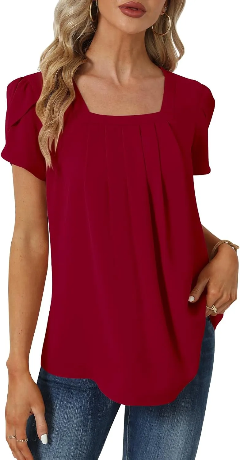 Womens Summer Tunic Tops Pleated Square Neck T Shirts Casual Petal Short Sleeve Blouses