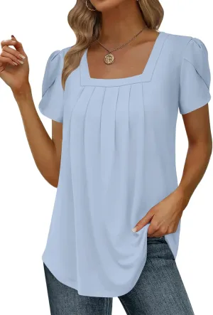 Womens Summer Tunic Tops Pleated Square Neck T Shirts Casual Petal Short Sleeve Blouses