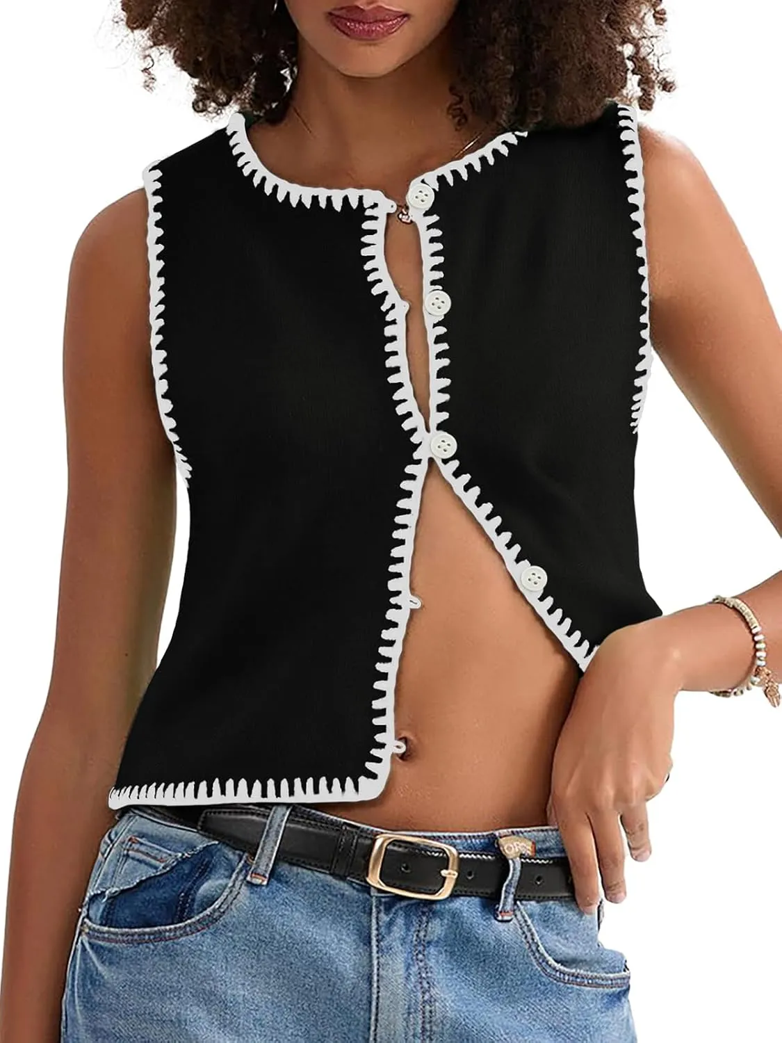 Womens Sweater Vest Sleeveless Button Down Tank Tops Spring Summer Cropped Cardigan 2025 Knit Top