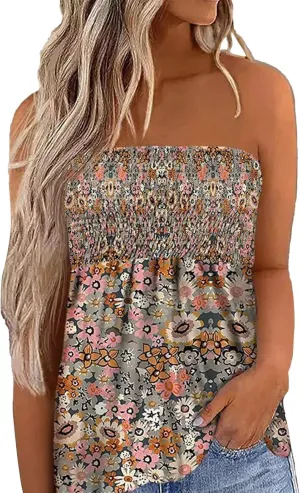 Women's Tube Tops Summer Casual Bandeau Tank Tops Floral Tanks Smocked Ruffled Backless Strapless Sleeveless Shirts