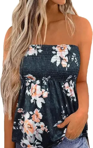 Women's Tube Tops Summer Casual Bandeau Tank Tops Floral Tanks Smocked Ruffled Backless Strapless Sleeveless Shirts