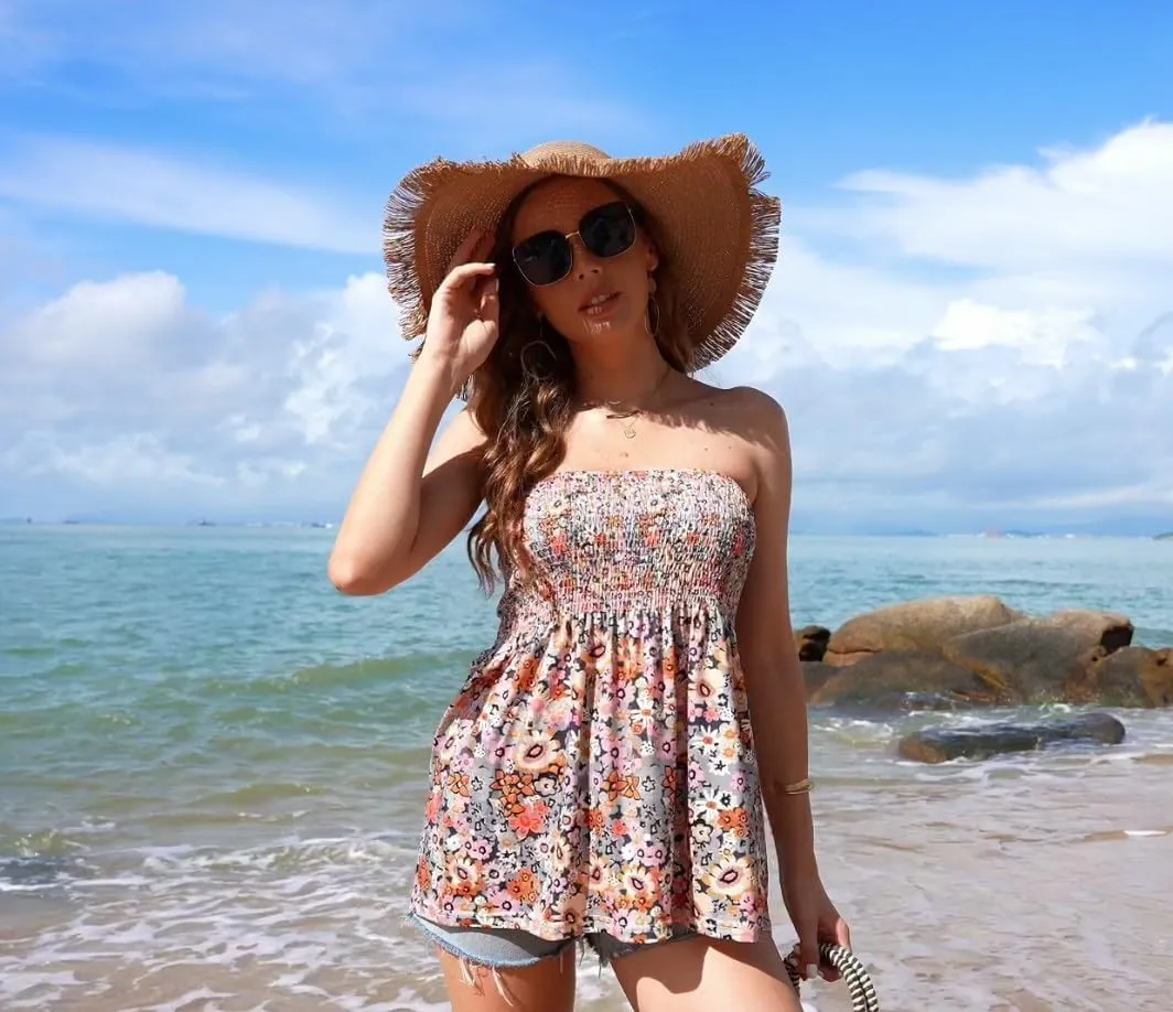 Women's Tube Tops Summer Casual Bandeau Tank Tops Floral Tanks Smocked Ruffled Backless Strapless Sleeveless Shirts