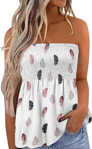 Women's Tube Tops Summer Casual Bandeau Tank Tops Floral Tanks Smocked Ruffled Backless Strapless Sleeveless Shirts