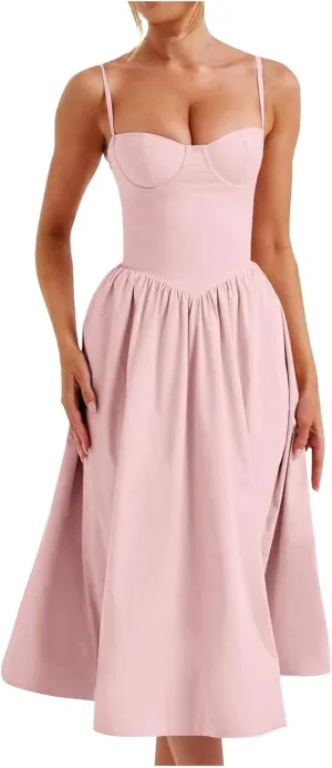 Women's Vintage Corset Dress Spaghetti Strap A-Line Midi Dress Solid Color Elegant Cocktail Party Evening Dresses