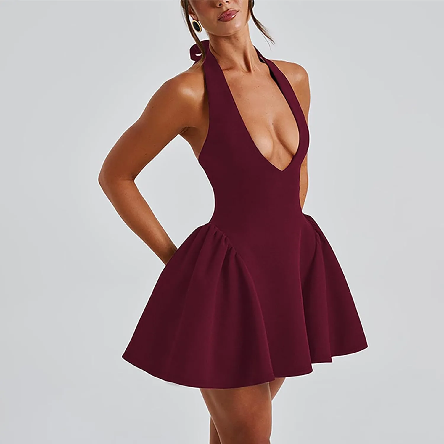 Yeenily Women's Halter Bow Tie Deep V Neck Sleeveless Backless Sexy Mini Dress A Line Flowy Club Cocktail Prom Dress