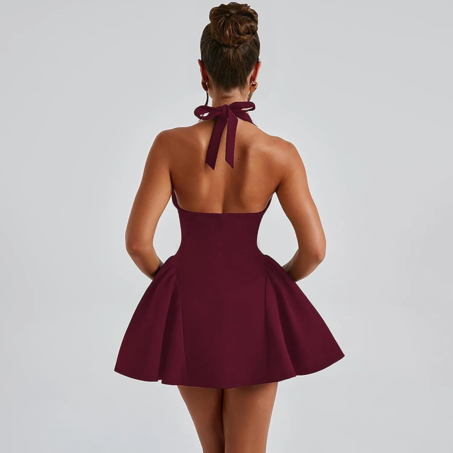 Yeenily Women's Halter Bow Tie Deep V Neck Sleeveless Backless Sexy Mini Dress A Line Flowy Club Cocktail Prom Dress