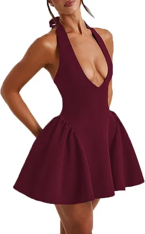Yeenily Women's Halter Bow Tie Deep V Neck Sleeveless Backless Sexy Mini Dress A Line Flowy Club Cocktail Prom Dress