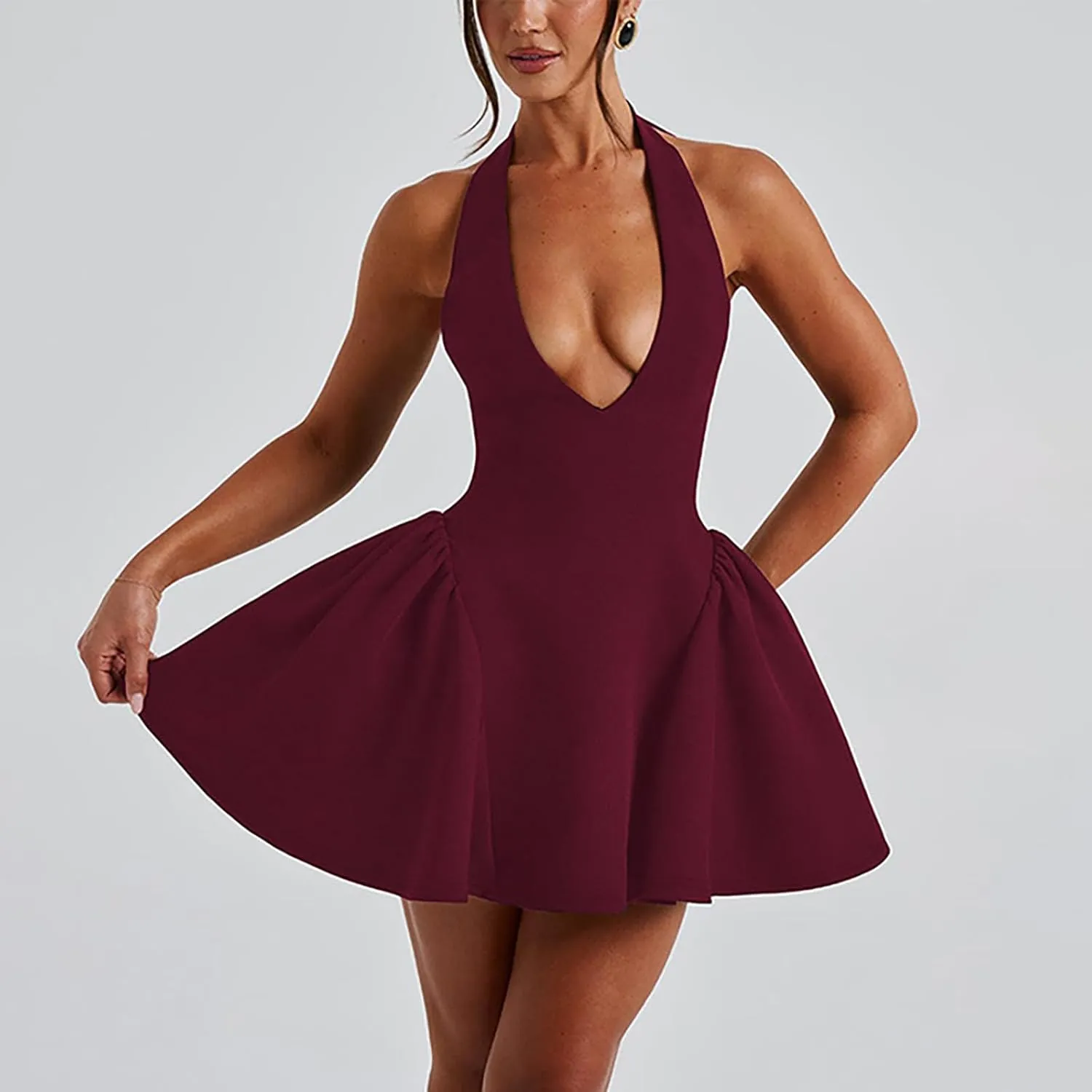 Yeenily Women's Halter Bow Tie Deep V Neck Sleeveless Backless Sexy Mini Dress A Line Flowy Club Cocktail Prom Dress