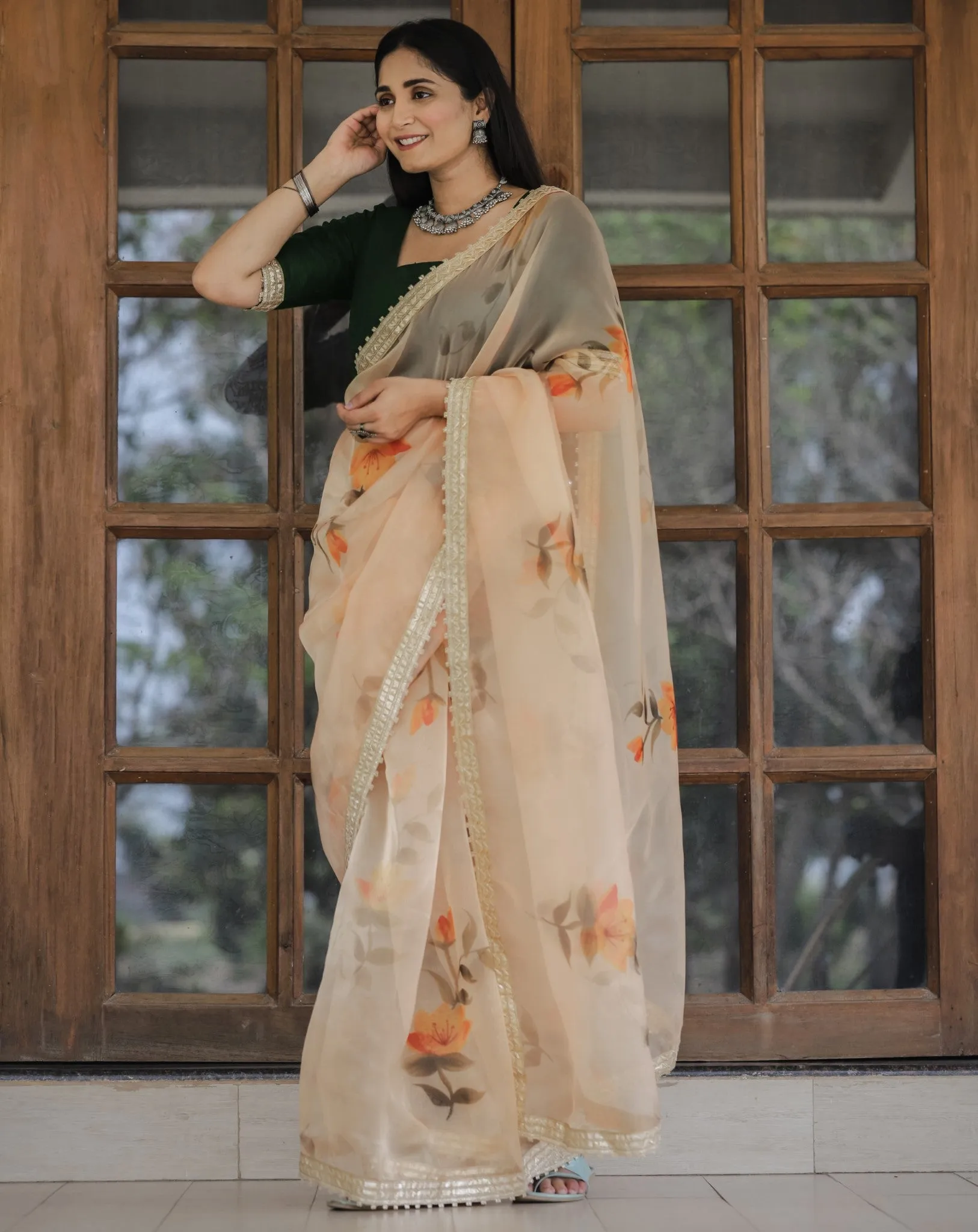 Yellow Color Lace Work Flower Print Organza Saree