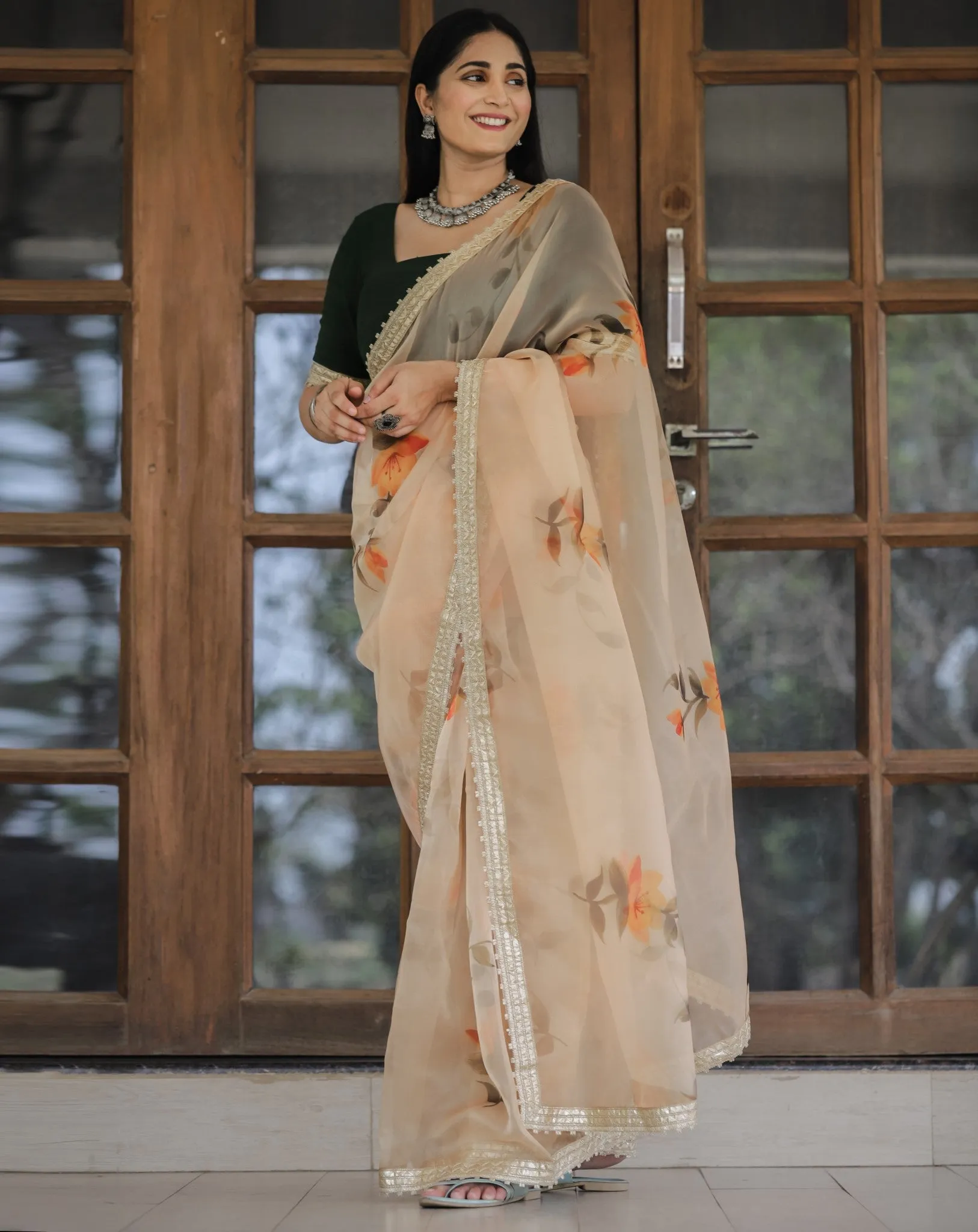 Yellow Color Lace Work Flower Print Organza Saree