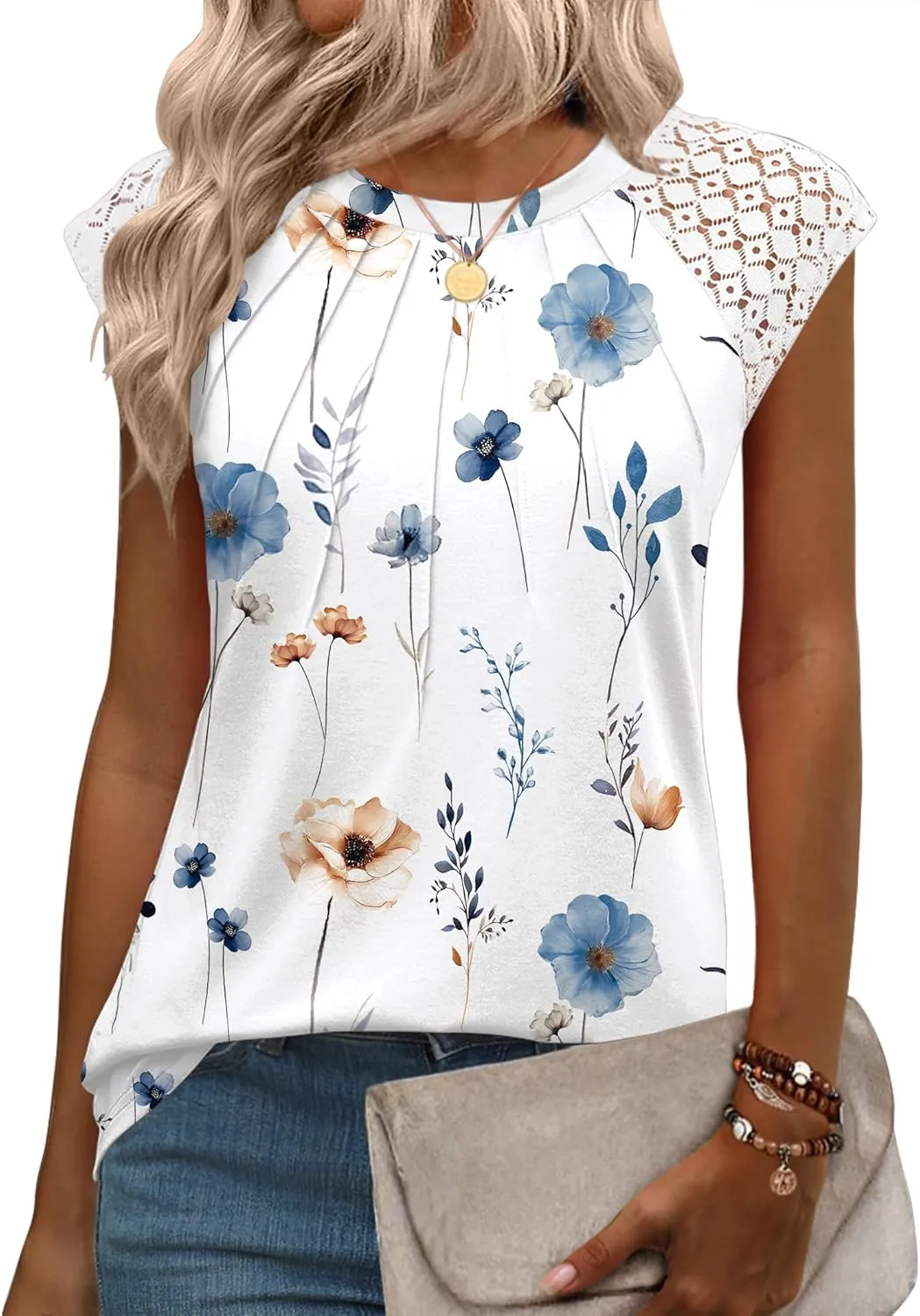 Zeagoo Women's Lace Cap Sleeve Tops Pleated Crewneck Summer Tank Tops 2025 Dressy Casual Sleeveless Shirts Blouse