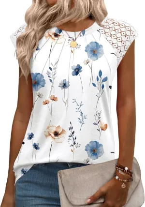 Zeagoo Women's Lace Cap Sleeve Tops Pleated Crewneck Summer Tank Tops 2025 Dressy Casual Sleeveless Shirts Blouse