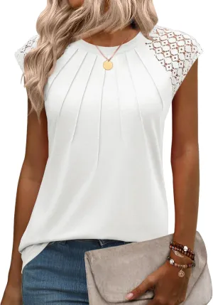 Zeagoo Women's Lace Cap Sleeve Tops Pleated Crewneck Summer Tank Tops 2025 Dressy Casual Sleeveless Shirts Blouse