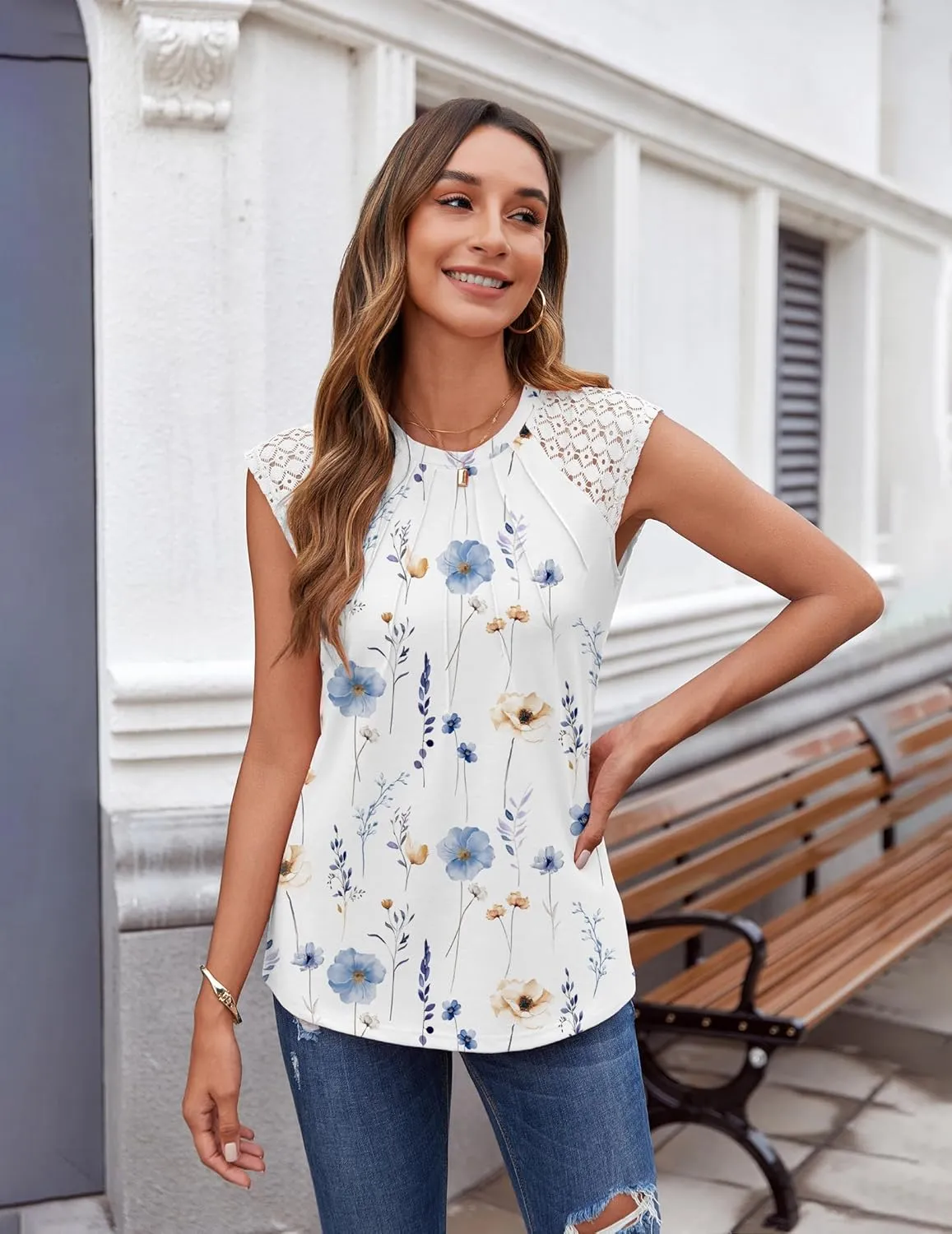 Zeagoo Women's Lace Cap Sleeve Tops Pleated Crewneck Summer Tank Tops 2025 Dressy Casual Sleeveless Shirts Blouse